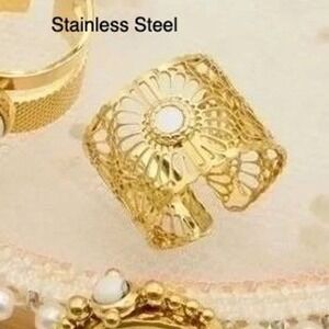 Gold Color Stainless Steel Lace Flower Statement Ring Women Adjustable Size‎